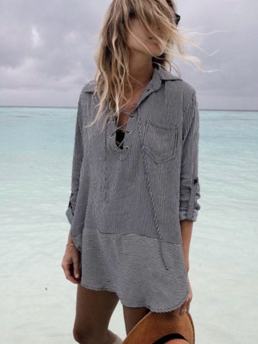 Amazon Navy and White Lace-Up Collared Tunic
